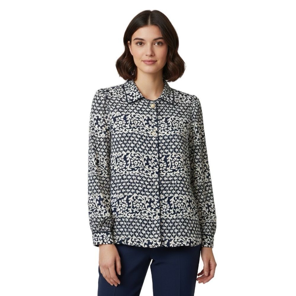 Maggy London Navy Blue & White 100% Silk Floral Damask Blouse